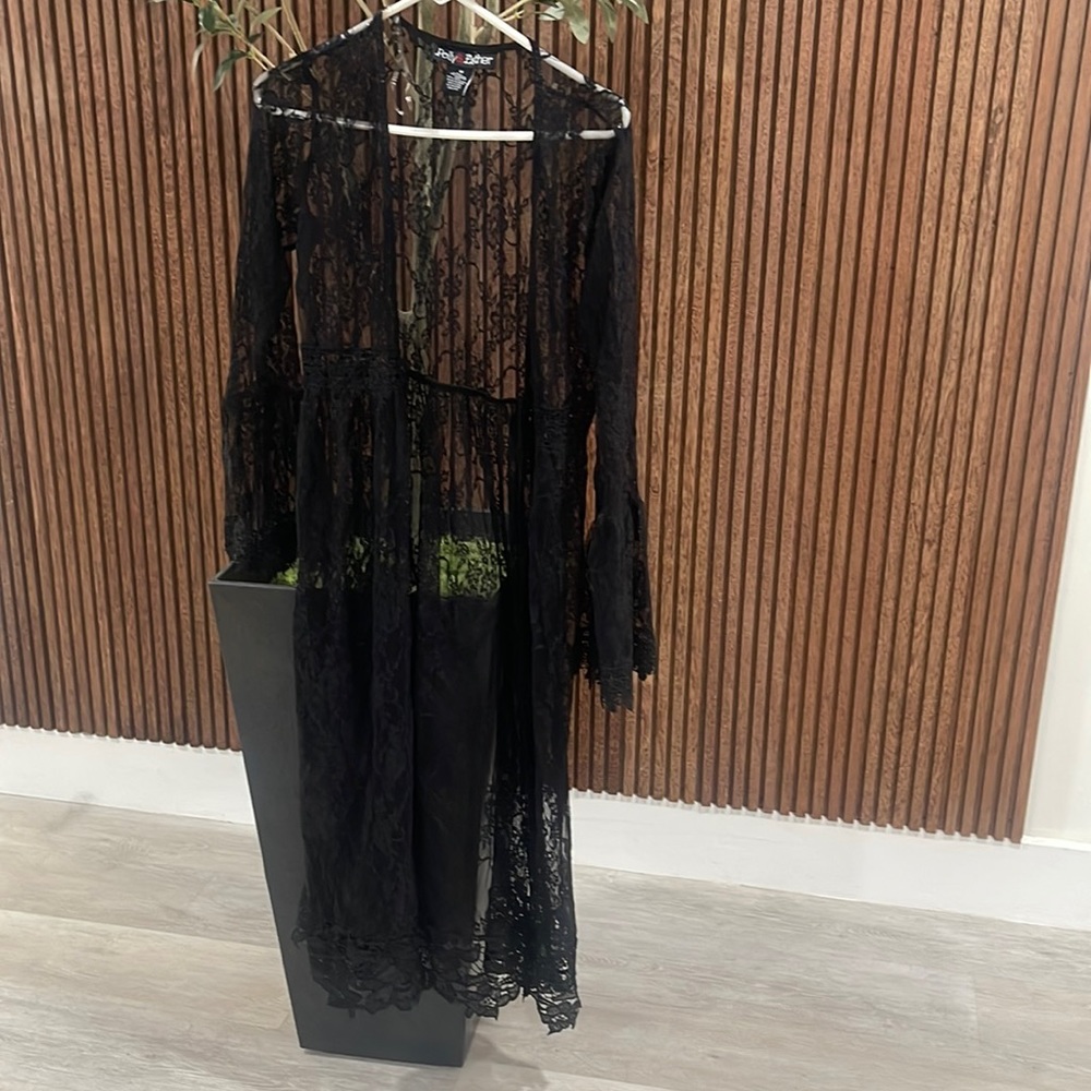 Flared Sleeve Tie Waist Maxi Sheer Lace Cardigan Cover Up